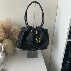 Michael Kors Black Pebbled Leather Shoulder Bag with Gold MK Charm